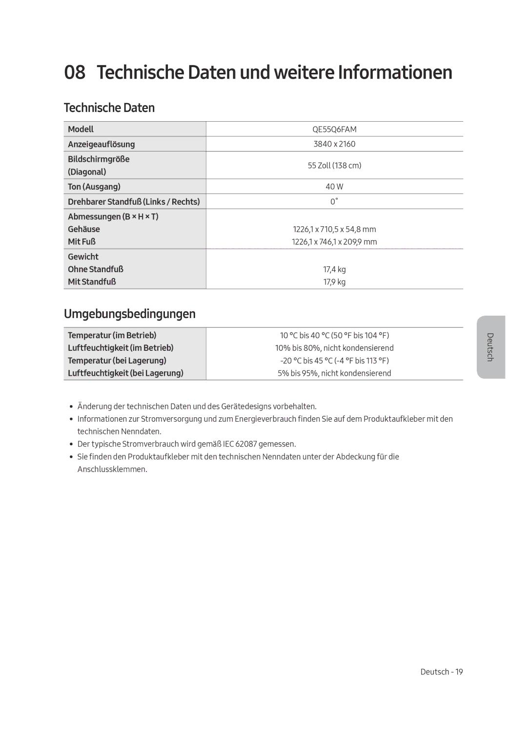 Samsung QE65Q6FAMTXXC, QE55Q6FAMTXXH, QE55Q6FAMTXXC, QE65Q6FAMTXZT, QE65Q6FAMTXXU manual Technische Daten, Umgebungsbedingungen 