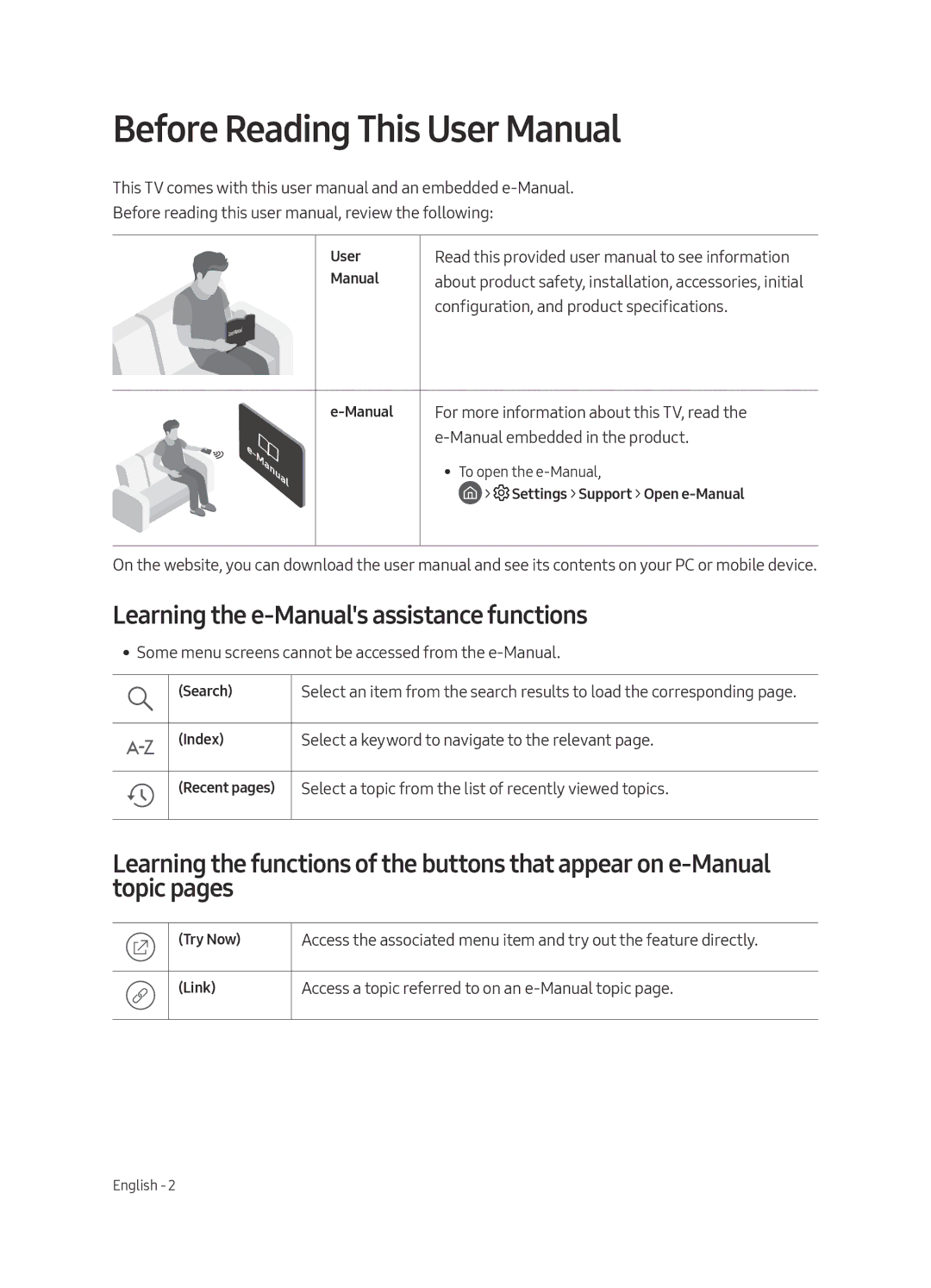 Samsung QE65Q6FAMTXZT, QE55Q6FAMTXXH, QE65Q6FAMTXXC, QE65Q6FAMTXXU, QE65Q6FAMTXXH Learning the e-Manuals assistance functions 