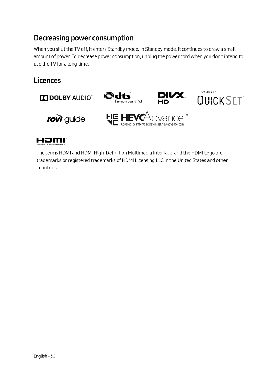 Samsung QE55Q6FAMTXXH, QE65Q6FAMTXXC, QE65Q6FAMTXZT, QE65Q6FAMTXXU, QE65Q6FAMTXXH manual Decreasing power consumption, Licences 