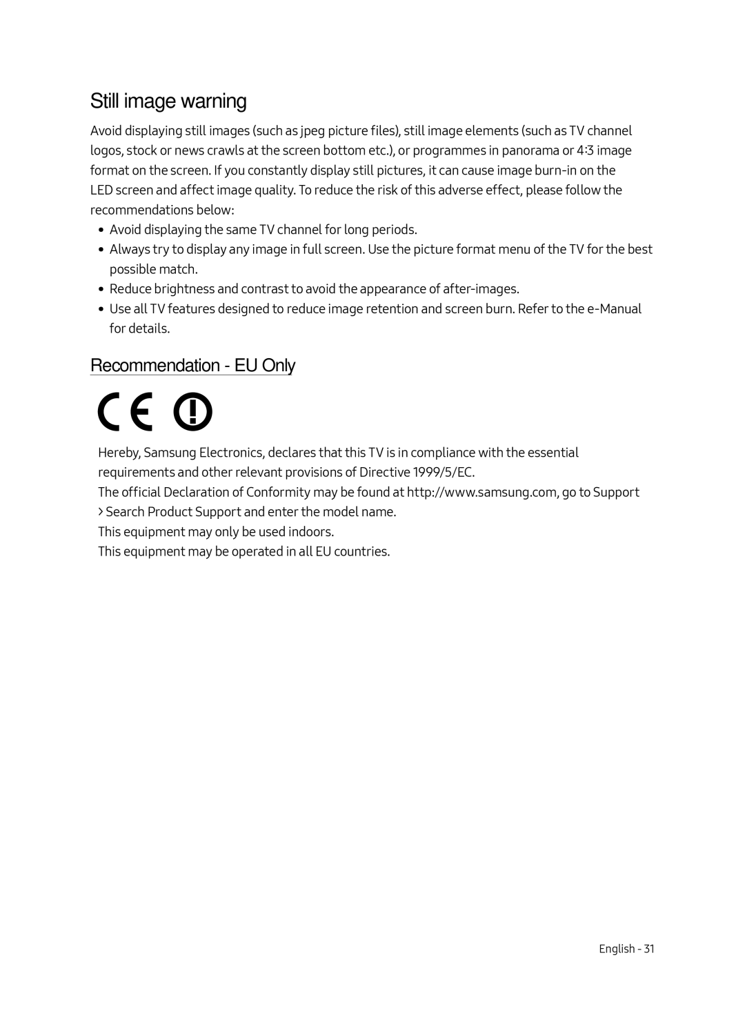 Samsung QE65Q6FAMTXXC, QE55Q6FAMTXXH, QE65Q6FAMTXZT, QE65Q6FAMTXXU, QE65Q6FAMTXXH Still image warning, Recommendation EU Only 