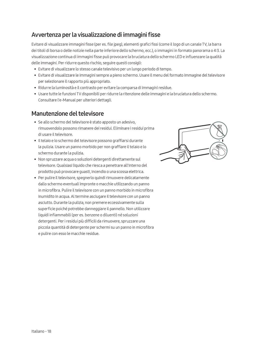 Samsung QE55Q6FAMTXZT manual Avvertenza per la visualizzazione di immagini fisse, Manutenzione del televisore 