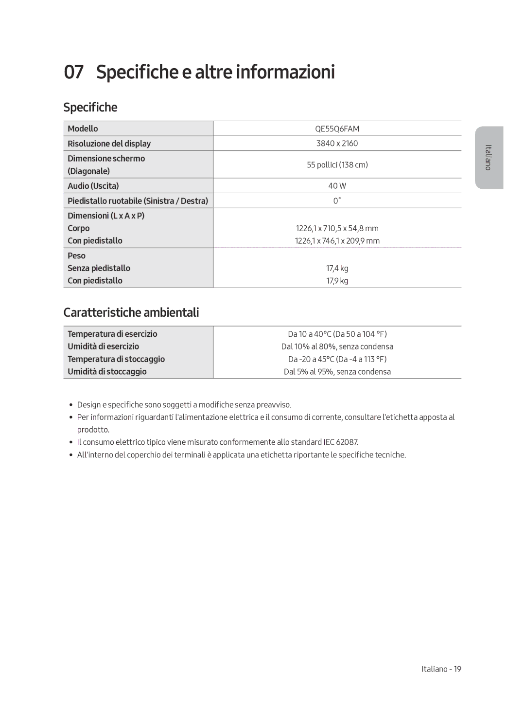 Samsung QE55Q6FAMTXZT manual Specifiche e altre informazioni, Caratteristiche ambientali 