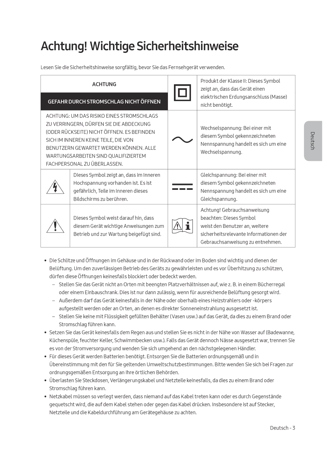 Samsung QE55Q6FAMTXZT manual Achtung! Wichtige Sicherheitshinweise 