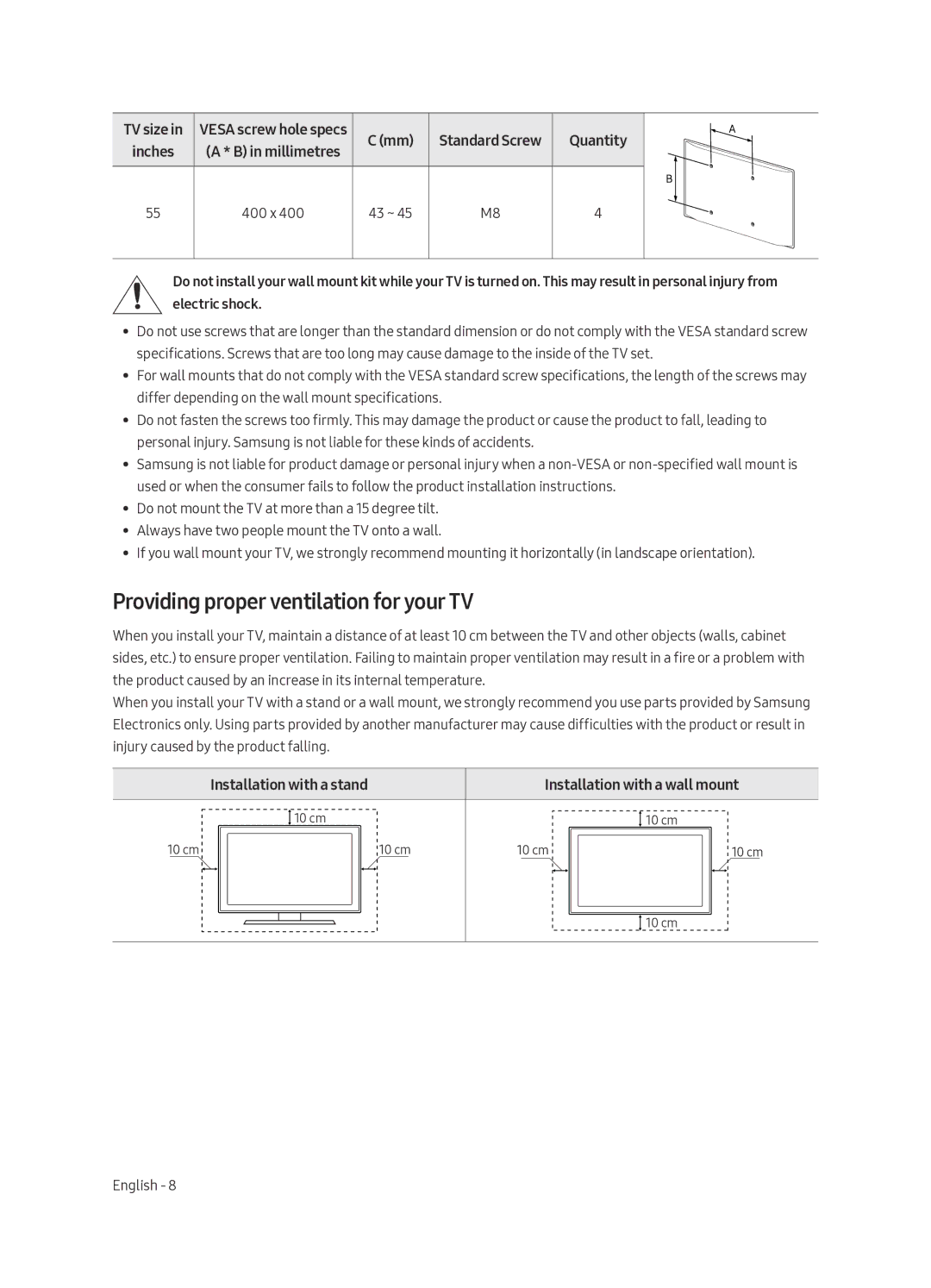 Samsung QE55Q6FAMTXZT Providing proper ventilation for your TV, Installation with a stand Installation with a wall mount 