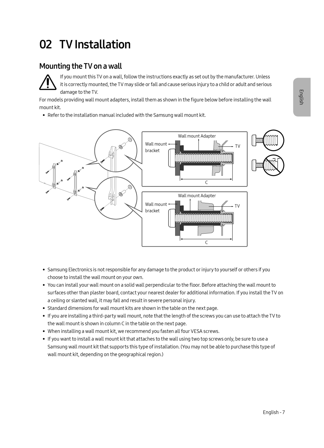 Samsung QE55Q6FAMUXRU manual TV Installation, Mounting the TV on a wall 