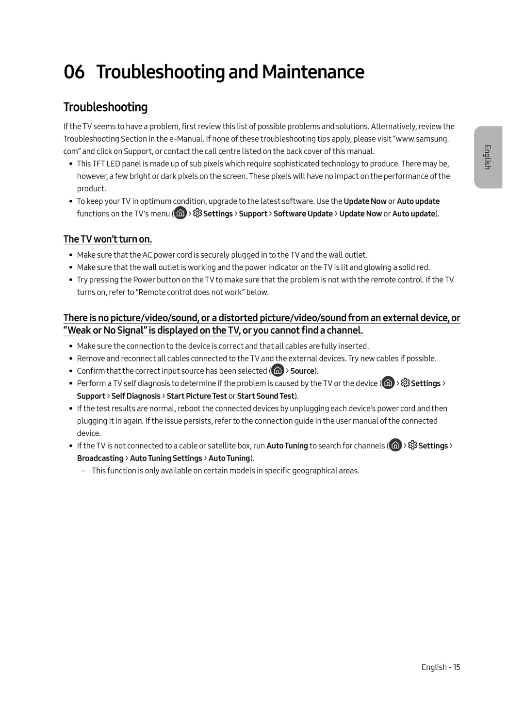 Samsung QE55Q6FAMUXRU manual Troubleshooting and Maintenance, TV won’t turn on 