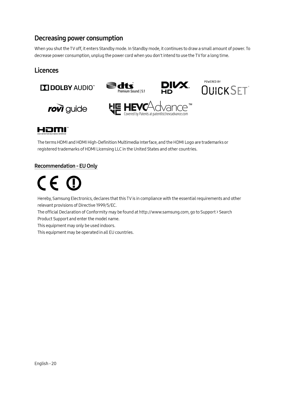 Samsung QE55Q6FAMUXRU manual Decreasing power consumption, Licences, Recommendation EU Only 