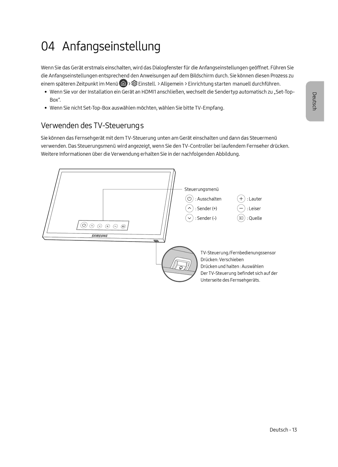 Samsung QE55Q6FGMTXZG, QE55Q6FAMTXZG, QE55Q6FAMTXXH manual Anfangseinstellung, Verwenden des TV-Steuerungs 