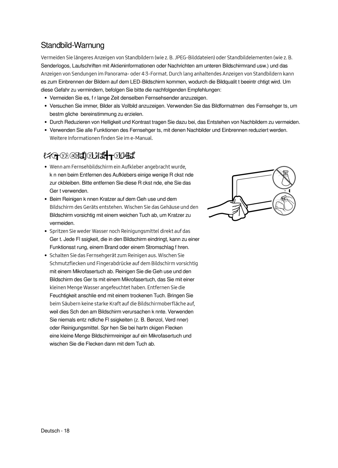 Samsung QE55Q6FAMTXXH, QE55Q6FGMTXZG, QE55Q6FAMTXZG manual Standbild-Warnung, Pflegen des Fernsehgeräts 