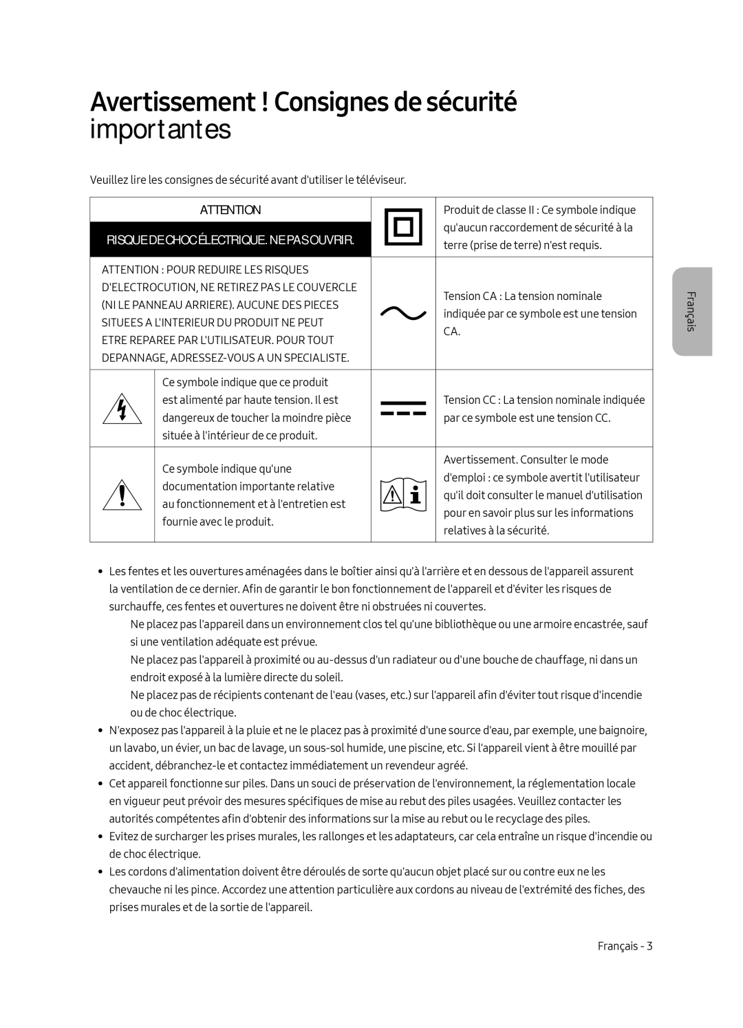 Samsung QE55Q6FAMTXZG manual Avertissement ! Consignes de sécurité importantes, Risque DE Choc ÉLECTRIQUE. NE PAS Ouvrir 