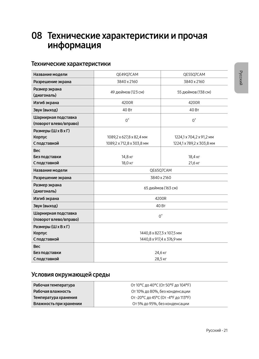 Samsung QE65Q7CAMTXSQ, QE55Q7CAMTXSQ manual 08 Технические характеристики и прочая информация, Условия окружающей среды 