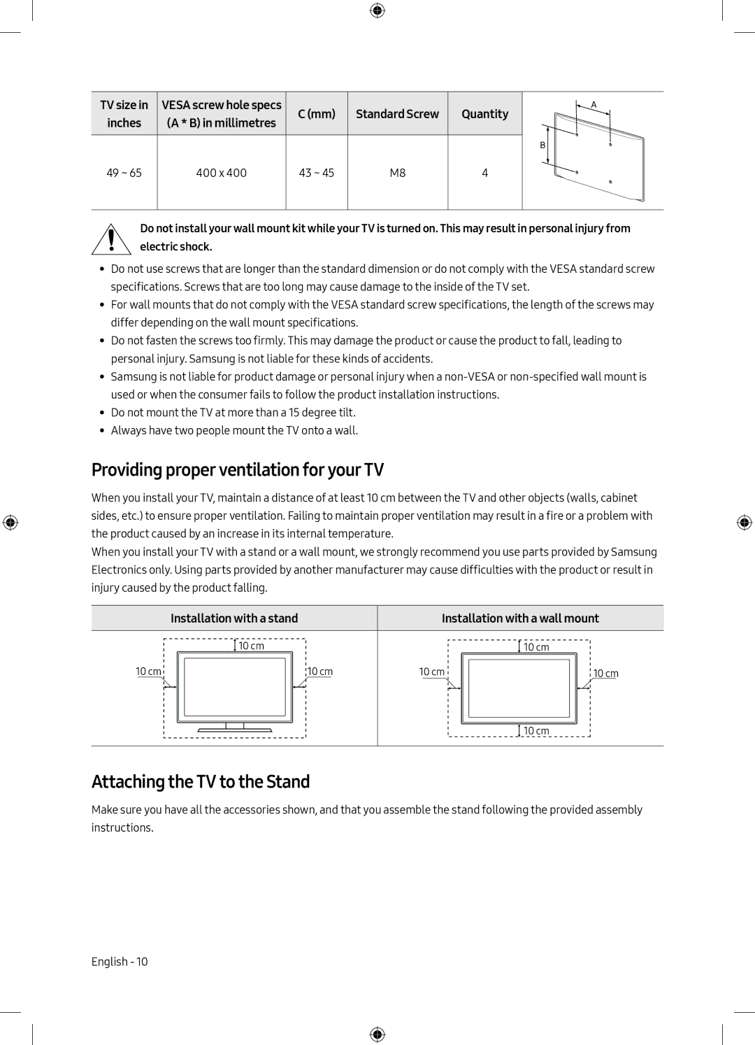 Samsung QE49Q7CAMTXZG, QE55Q7CAMTXXH, QE65Q7CAMTXXH Providing proper ventilation for your TV, Attaching the TV to the Stand 