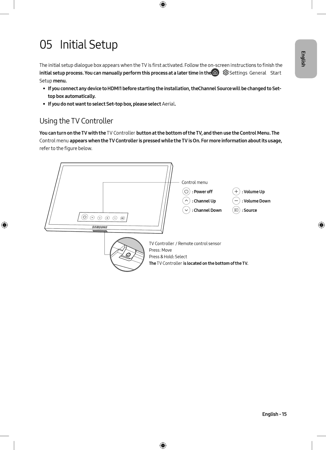 Samsung QE49Q7CAMTXZT, QE55Q7CAMTXXH, QE49Q7CAMTXZG, QE65Q7CAMTXXH, QE49Q7CAMTXXH manual Initial Setup, Using the TV Controller 