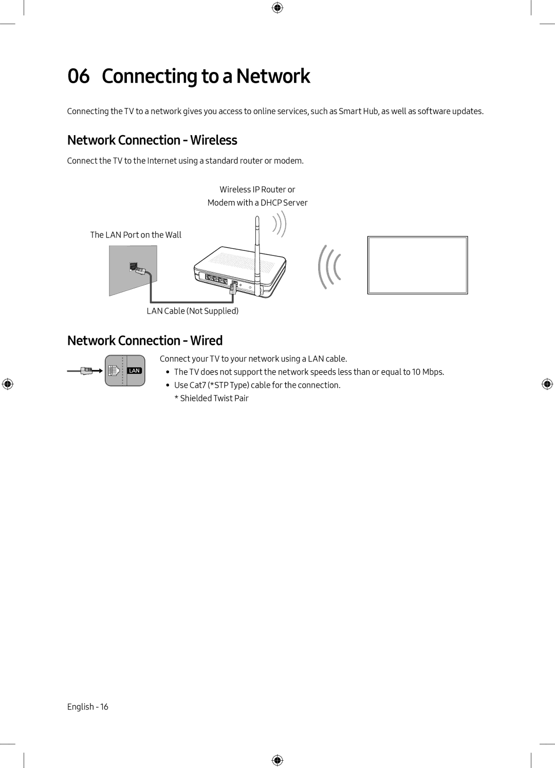 Samsung QE65Q7CAMTXZT, QE55Q7CAMTXXH manual Connecting to a Network, Network Connection Wireless, Network Connection Wired 