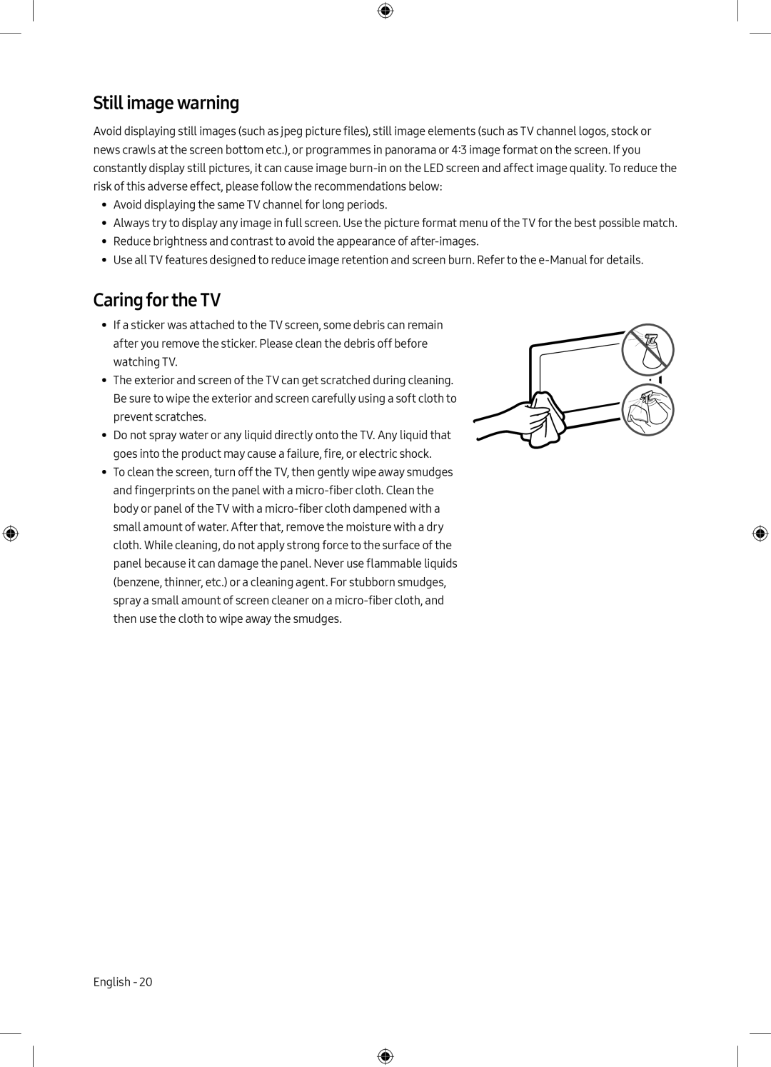 Samsung QE65Q7CAMTXXH, QE55Q7CAMTXXH, QE49Q7CAMTXZG, QE49Q7CAMTXXH, QE49Q7CAMTXXC manual Still image warning, Caring for the TV 