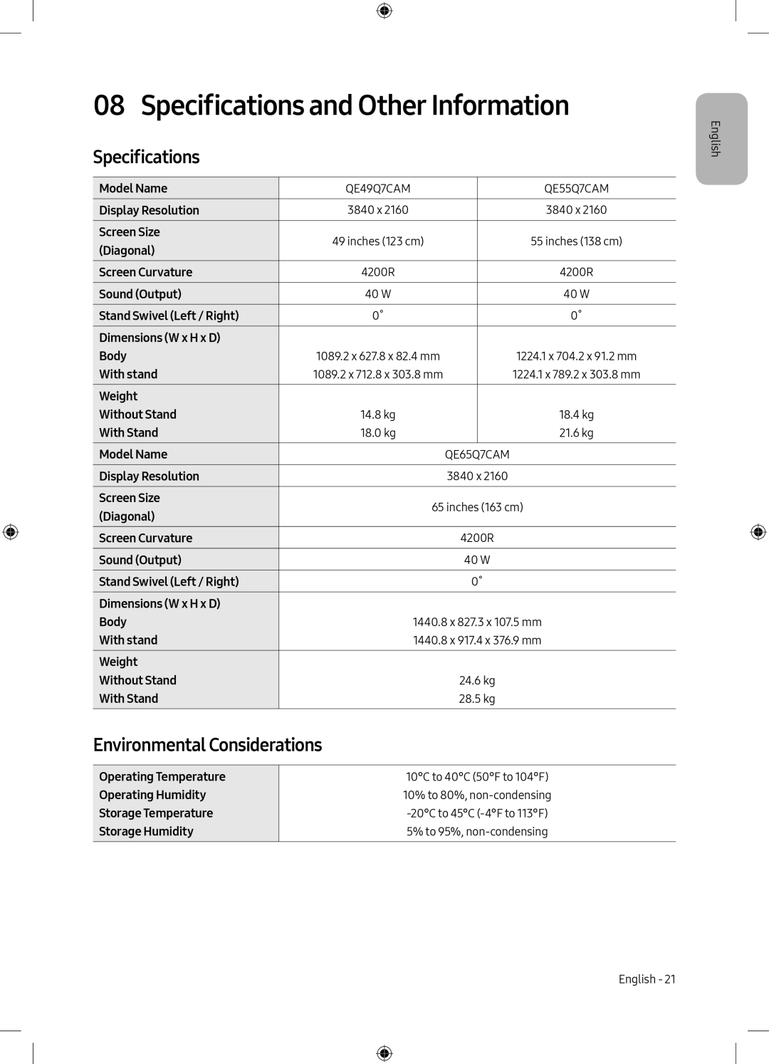 Samsung QE49Q7CAMTXXH, QE55Q7CAMTXXH, QE49Q7CAMTXZG manual Specifications and Other Information, Environmental Considerations 