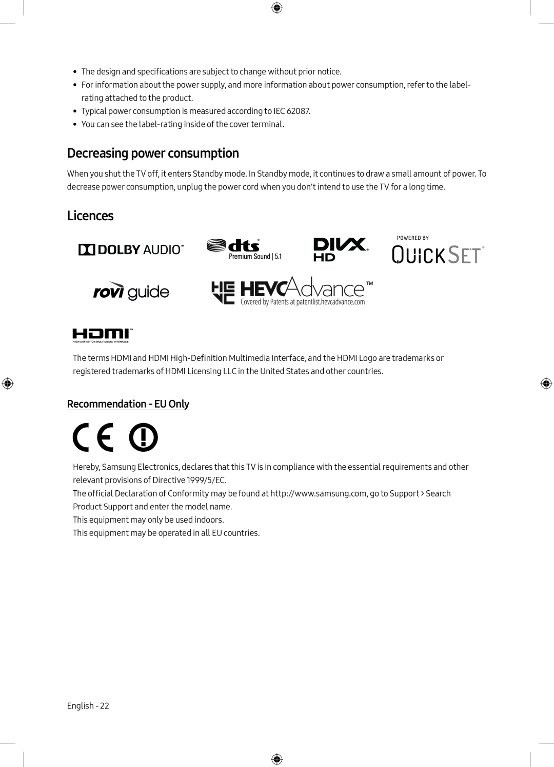 Samsung QE49Q7CAMTXXC, QE55Q7CAMTXXH, QE49Q7CAMTXZG manual Decreasing power consumption, Licences, Recommendation EU Only 