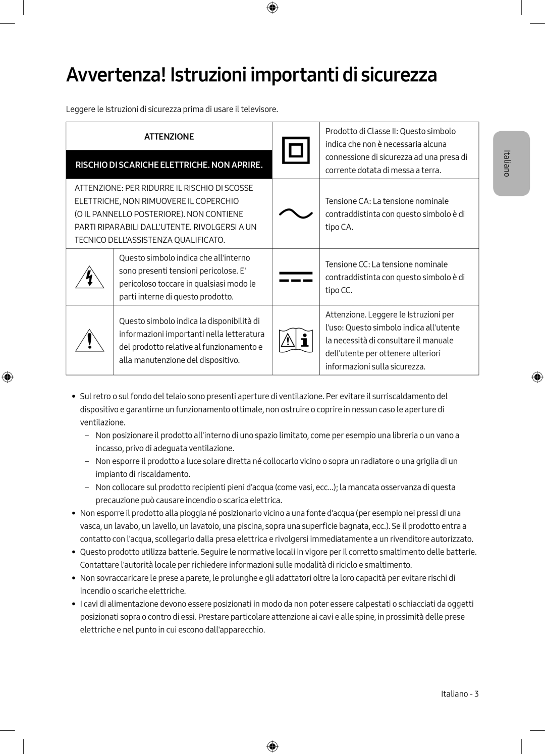 Samsung QE65Q7CAMTXZT, QE55Q7CAMTXXH, QE49Q7CAMTXZG, QE65Q7CAMTXXH manual Avvertenza! Istruzioni importanti di sicurezza 