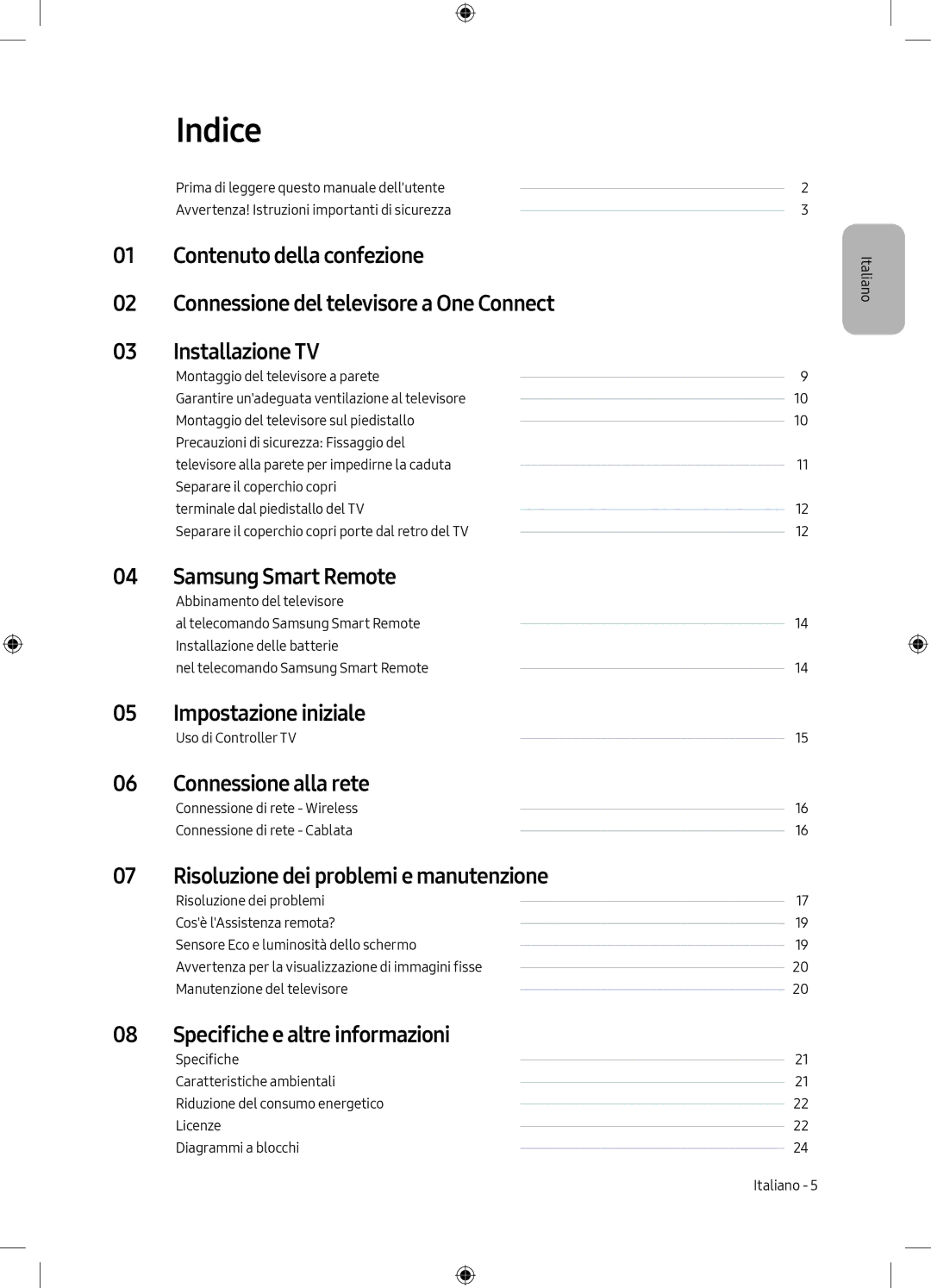 Samsung QE55Q7CAMTXXH manual Indice, Impostazione iniziale, Connessione alla rete, Risoluzione dei problemi e manutenzione 