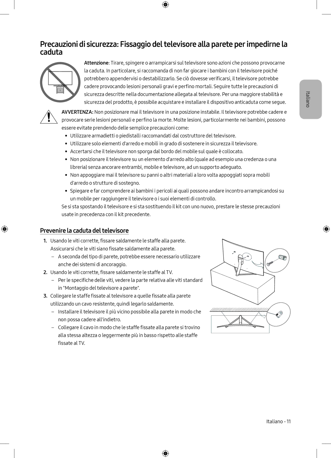 Samsung QE49Q7CAMTXZT, QE55Q7CAMTXXH, QE49Q7CAMTXZG, QE65Q7CAMTXXH, QE49Q7CAMTXXH manual Prevenire la caduta del televisore 