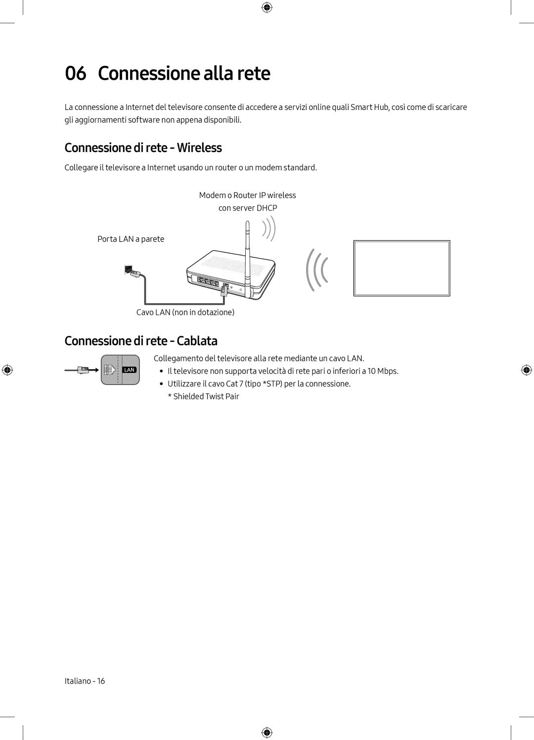 Samsung QE65Q7CAMTXXH, QE55Q7CAMTXXH manual Connessione alla rete, Connessione di rete Wireless, Connessione di rete Cablata 