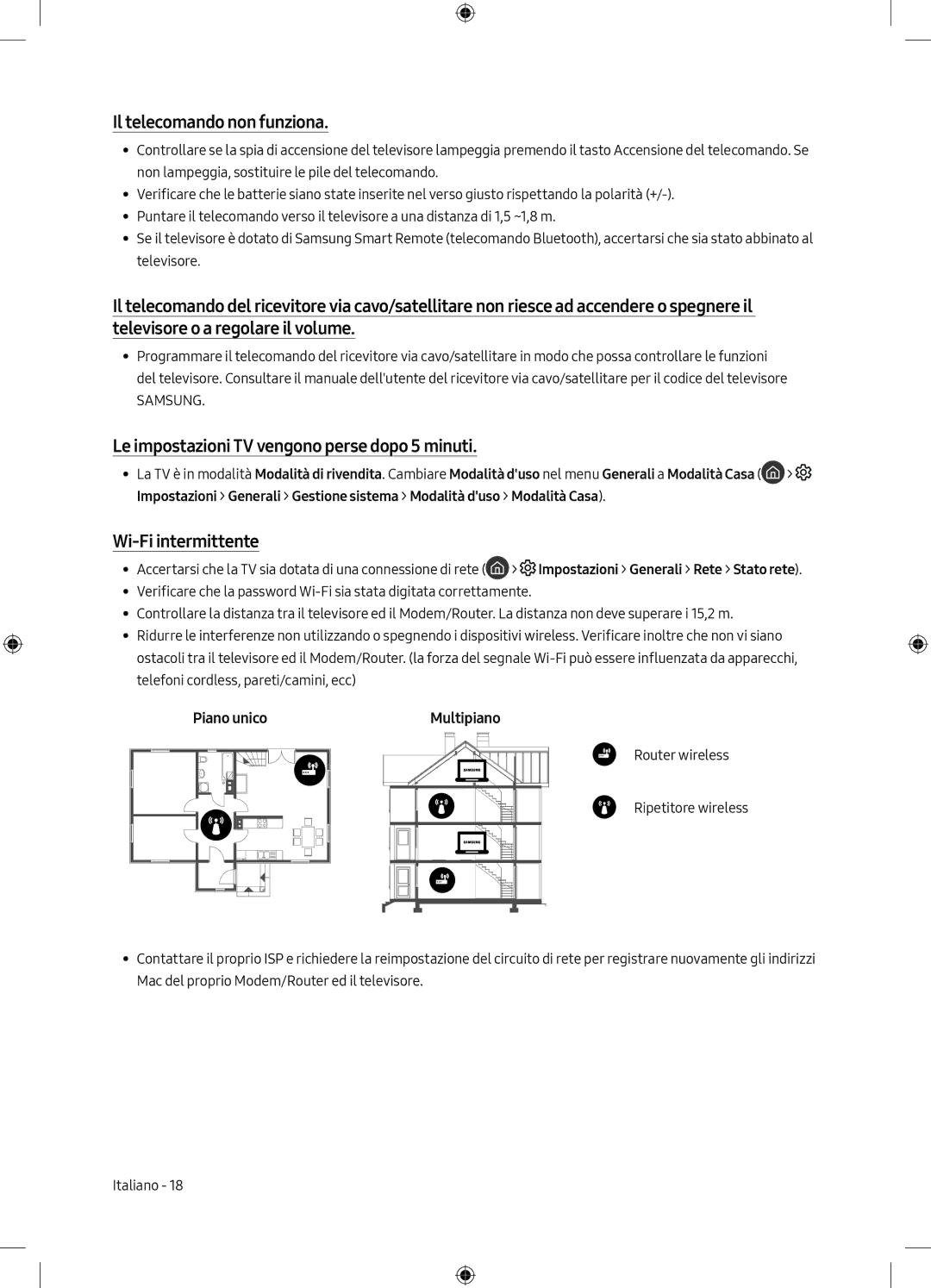 Samsung QE49Q7CAMTXXC Il telecomando non funziona, Le impostazioni TV vengono perse dopo 5 minuti, Wi-Fi intermittente 