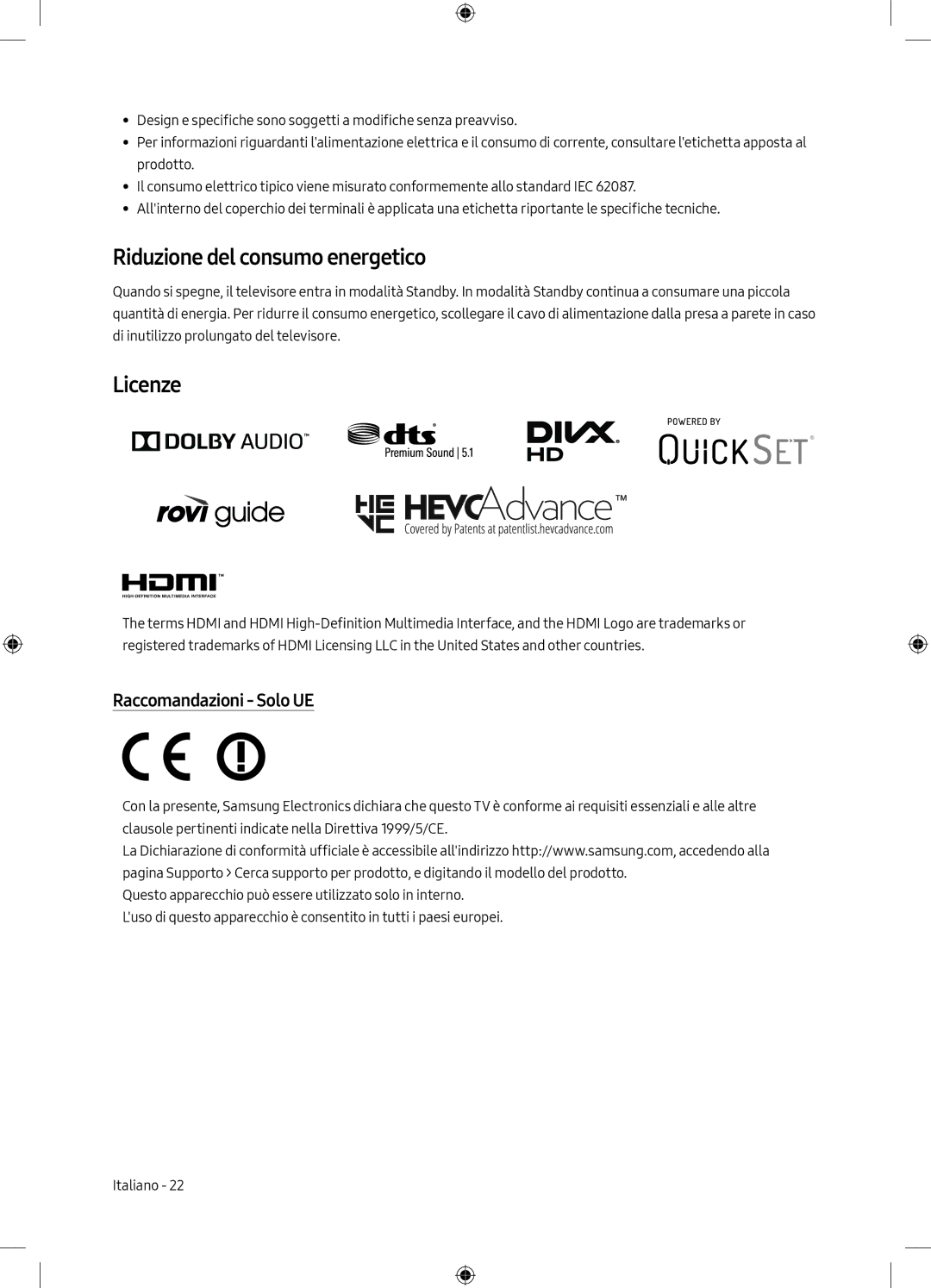 Samsung QE49Q7CAMTXXU, QE55Q7CAMTXXH, QE49Q7CAMTXZG manual Riduzione del consumo energetico, Licenze, Raccomandazioni Solo UE 