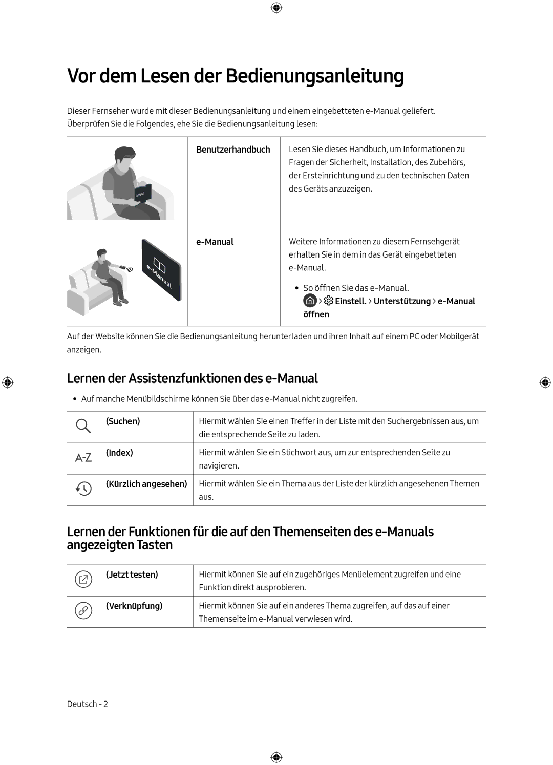 Samsung QE49Q7CAMTXXH, QE55Q7CAMTXXH Vor dem Lesen der Bedienungsanleitung, Lernen der Assistenzfunktionen des e-Manual 