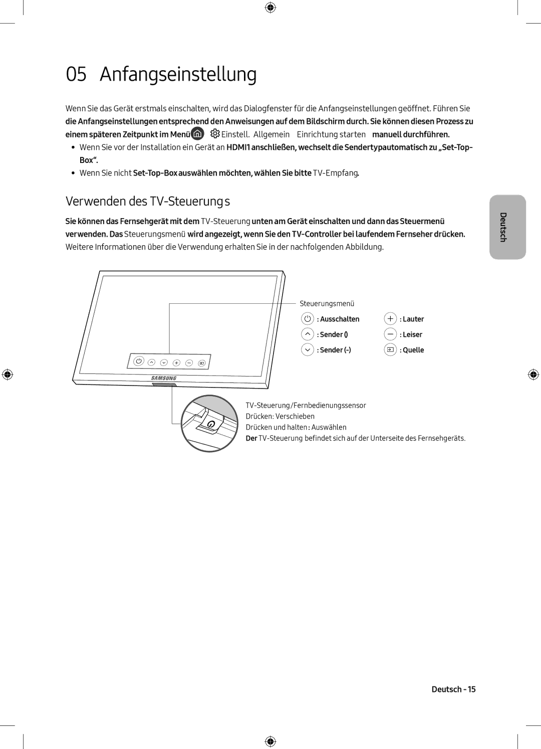 Samsung QE65Q7CAMTXZT, QE55Q7CAMTXXH, QE49Q7CAMTXZG, QE65Q7CAMTXXH manual Anfangseinstellung, Verwenden des TV-Steuerungs 