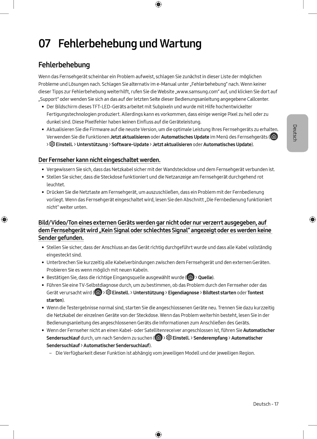 Samsung QE55Q7CAMTXXH, QE49Q7CAMTXZG manual Fehlerbehebung und Wartung, Der Fernseher kann nicht eingeschaltet werden 