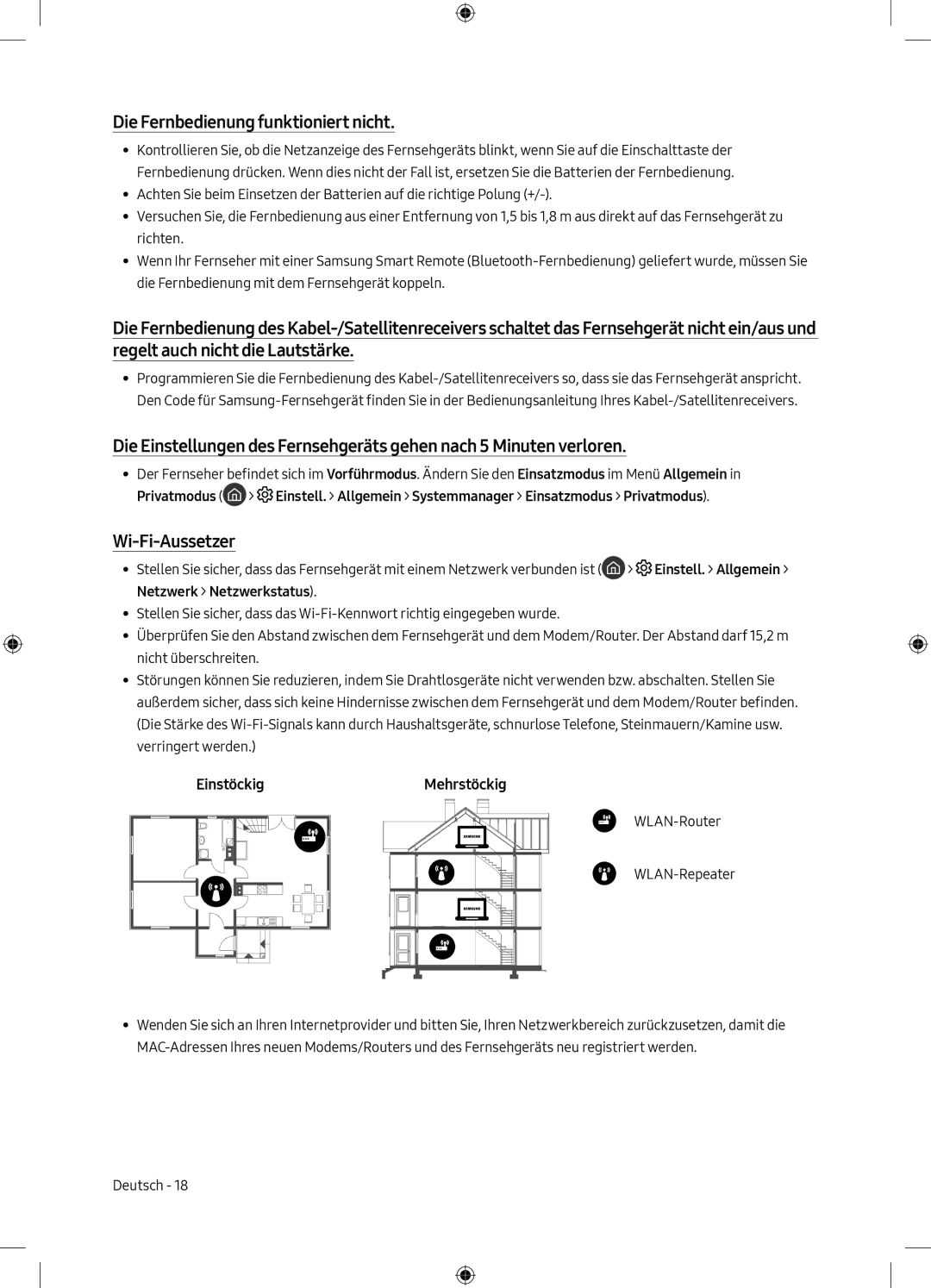 Samsung QE49Q7CAMTXZG, QE55Q7CAMTXXH manual Die Fernbedienung funktioniert nicht, Wi-Fi-Aussetzer, EinstöckigMehrstöckig 