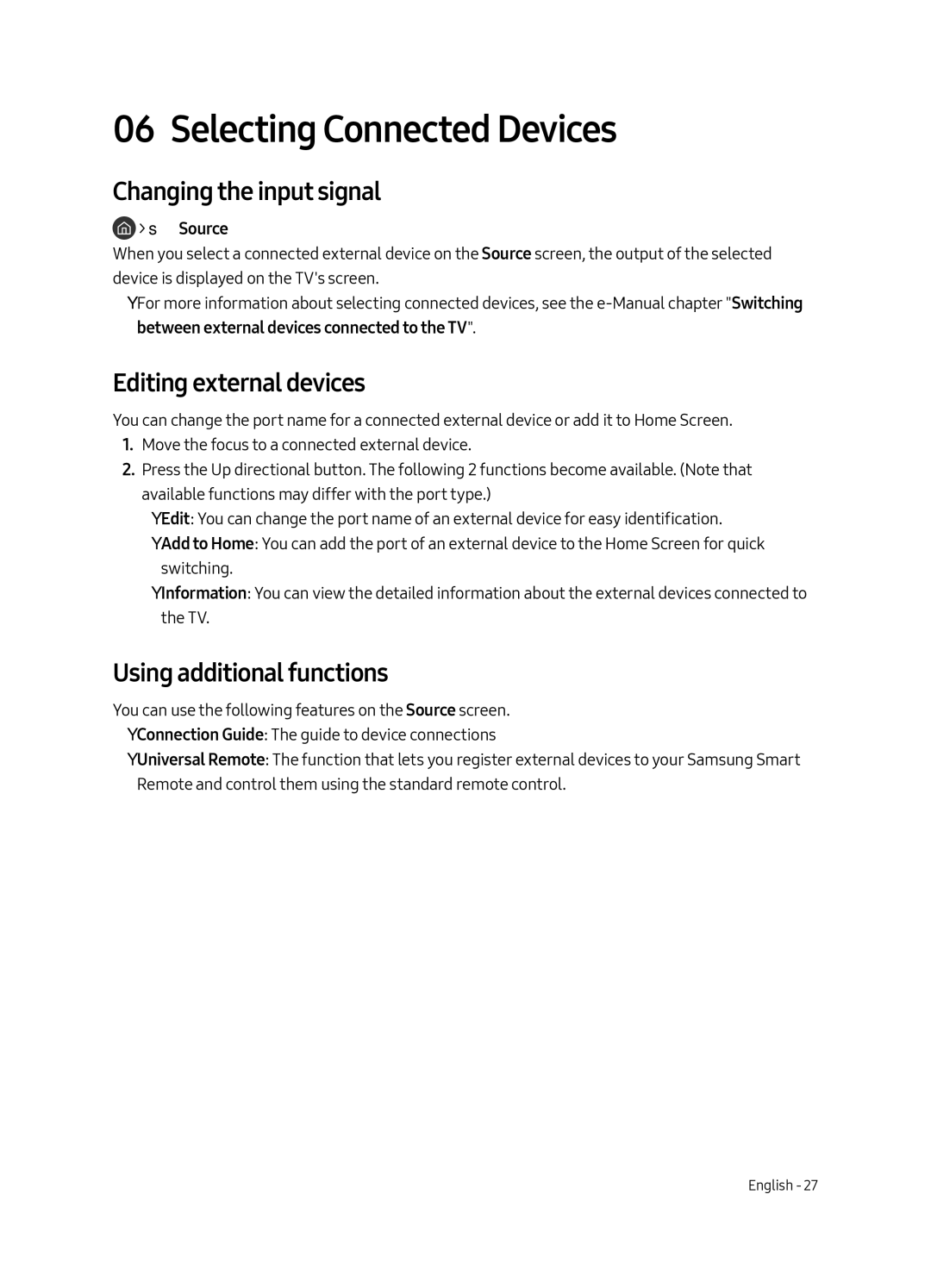 Samsung QE49Q7CAMTXXU, QE55Q7CAMTXXH manual Selecting Connected Devices, Changing the input signal, Editing external devices 