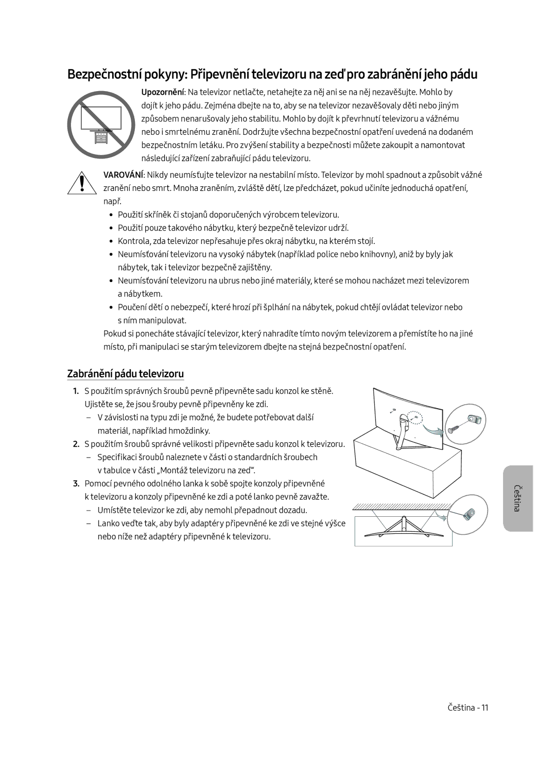 Samsung QE55Q7CAMTXXH, QE55Q7CAMTXZG, QE49Q7CAMTXZG, QE65Q7CAMTXXH, QE65Q7CAMTXZG, QE49Q7CAMTXXH Zabránění pádu televizoru 