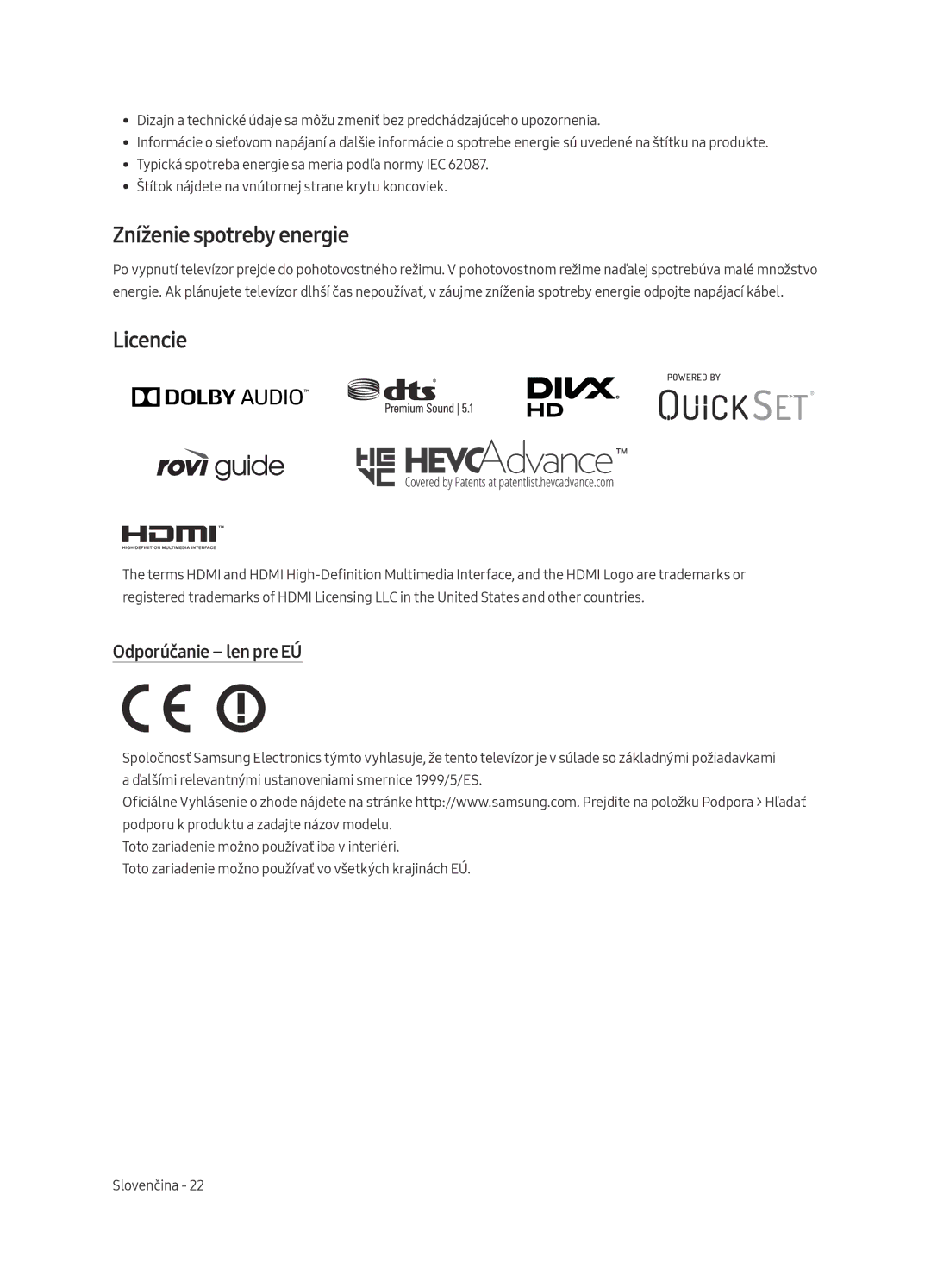 Samsung QE55Q7CAMTXZT, QE55Q7CAMTXXH, QE55Q7CAMTXZG manual Zníženie spotreby energie, Licencie, Odporúčanie len pre EÚ 