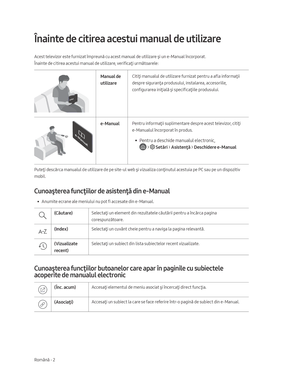 Samsung QE65Q7CAMTXZT Înainte de citirea acestui manual de utilizare, Cunoaşterea funcţiilor de asistenţă din e-Manual 