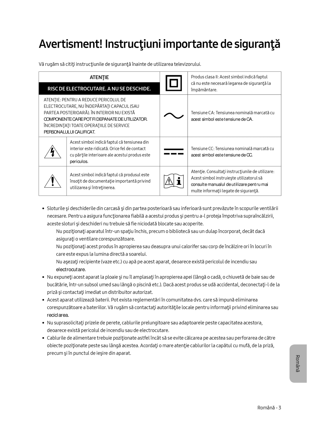 Samsung QE49Q7CAMTXXU, QE55Q7CAMTXXH, QE55Q7CAMTXZG, QE49Q7CAMTXZG manual Avertisment! Instrucţiuni importante de siguranţă 