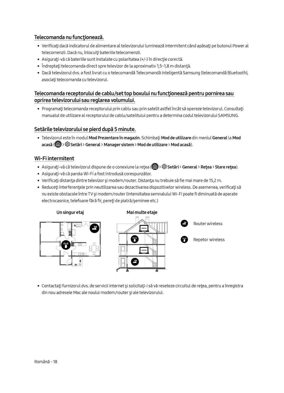 Samsung QE65Q7CAMTXSQ manual Telecomanda nu funcţionează, Setările televizorului se pierd după 5 minute, Wi-Fi intermitent 