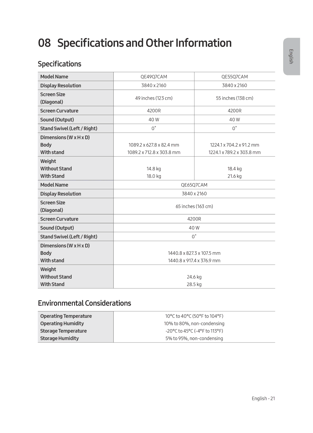 Samsung QE49Q7CAMTXZT, QE55Q7CAMTXXH, QE55Q7CAMTXZG manual Specifications and Other Information, Environmental Considerations 