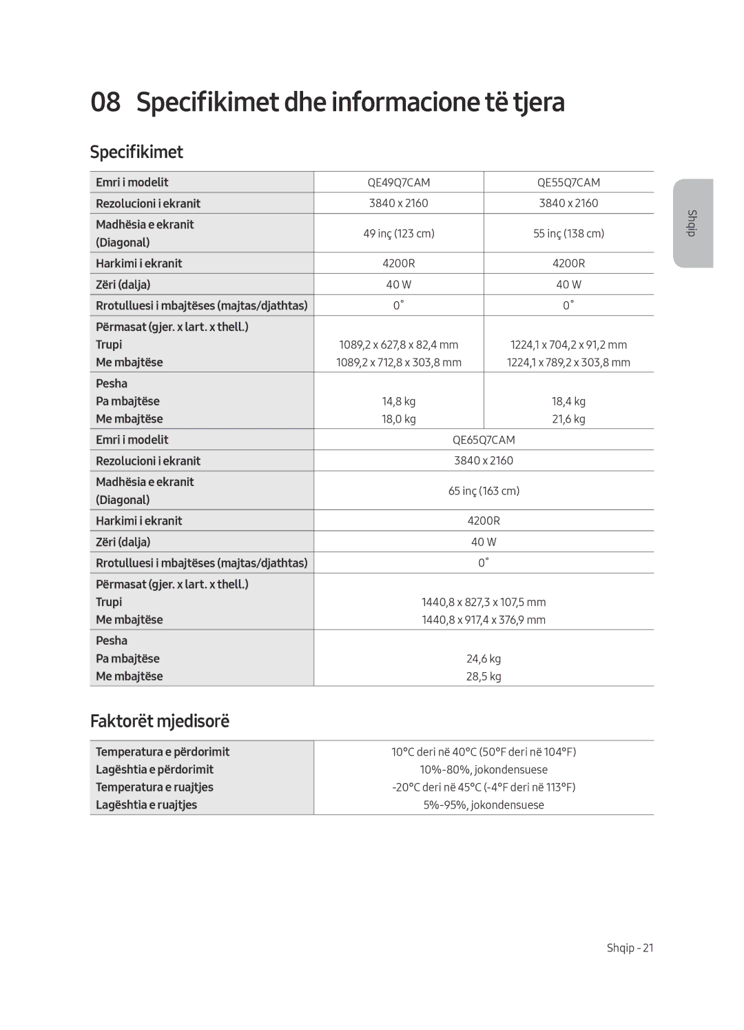 Samsung QE55Q7CAMTXZT, QE55Q7CAMTXXH, QE55Q7CAMTXZG manual Specifikimet dhe informacione të tjera, Faktorët mjedisorë 