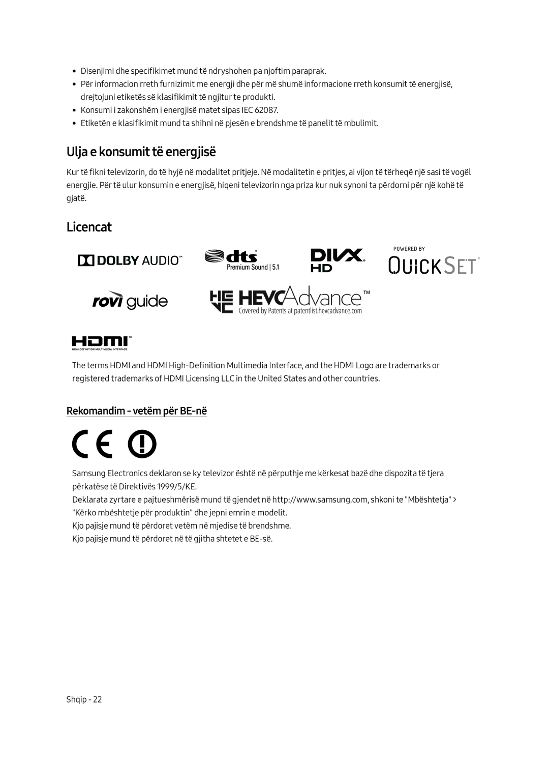 Samsung QE49Q7CAMTXZT, QE55Q7CAMTXXH, QE55Q7CAMTXZG manual Ulja e konsumit të energjisë, Licencat, Rekomandim vetëm për BE-në 