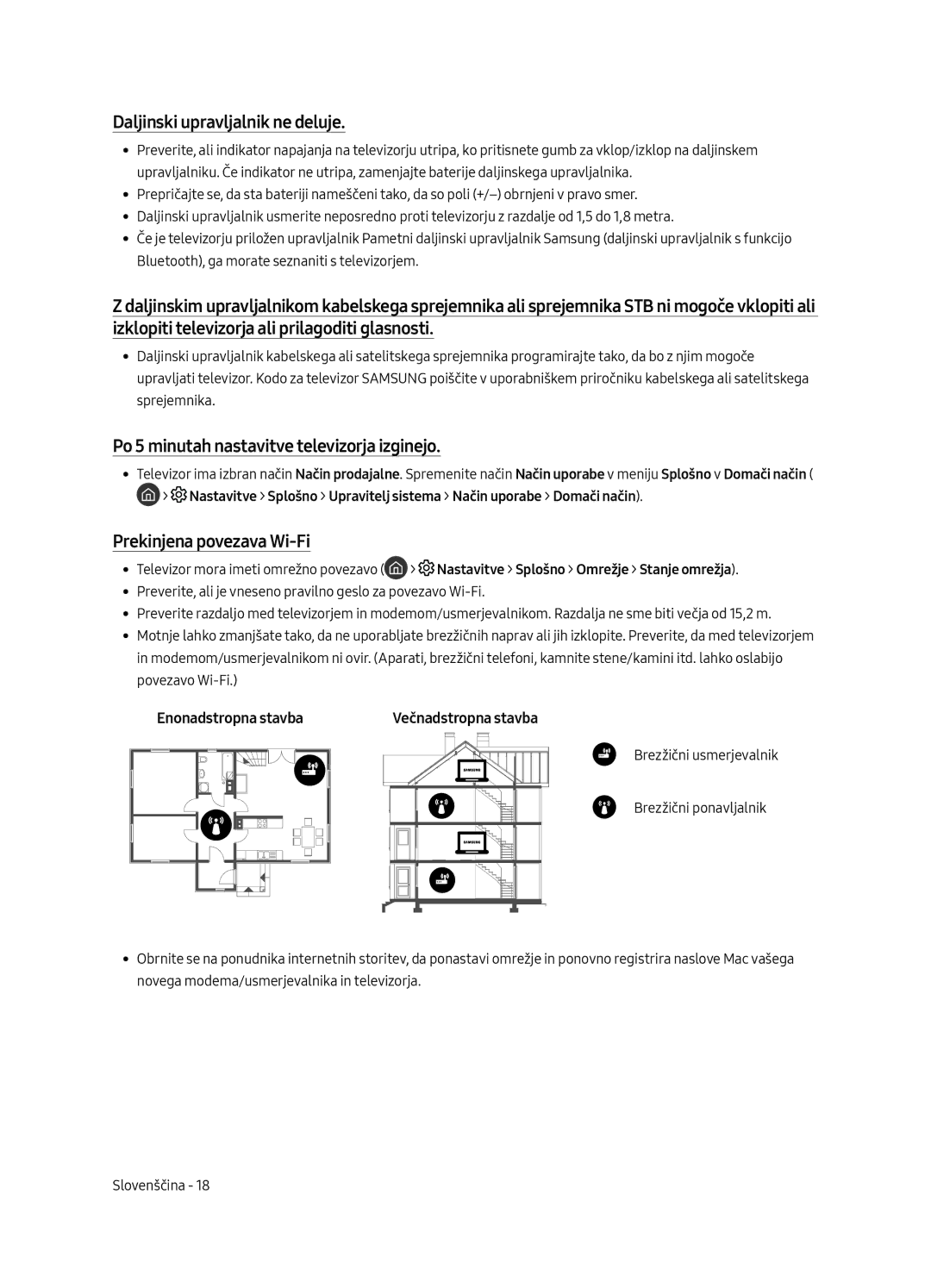 Samsung QE65Q7CAMTXZT, QE55Q7CAMTXXH manual Daljinski upravljalnik ne deluje, Po 5 minutah nastavitve televizorja izginejo 