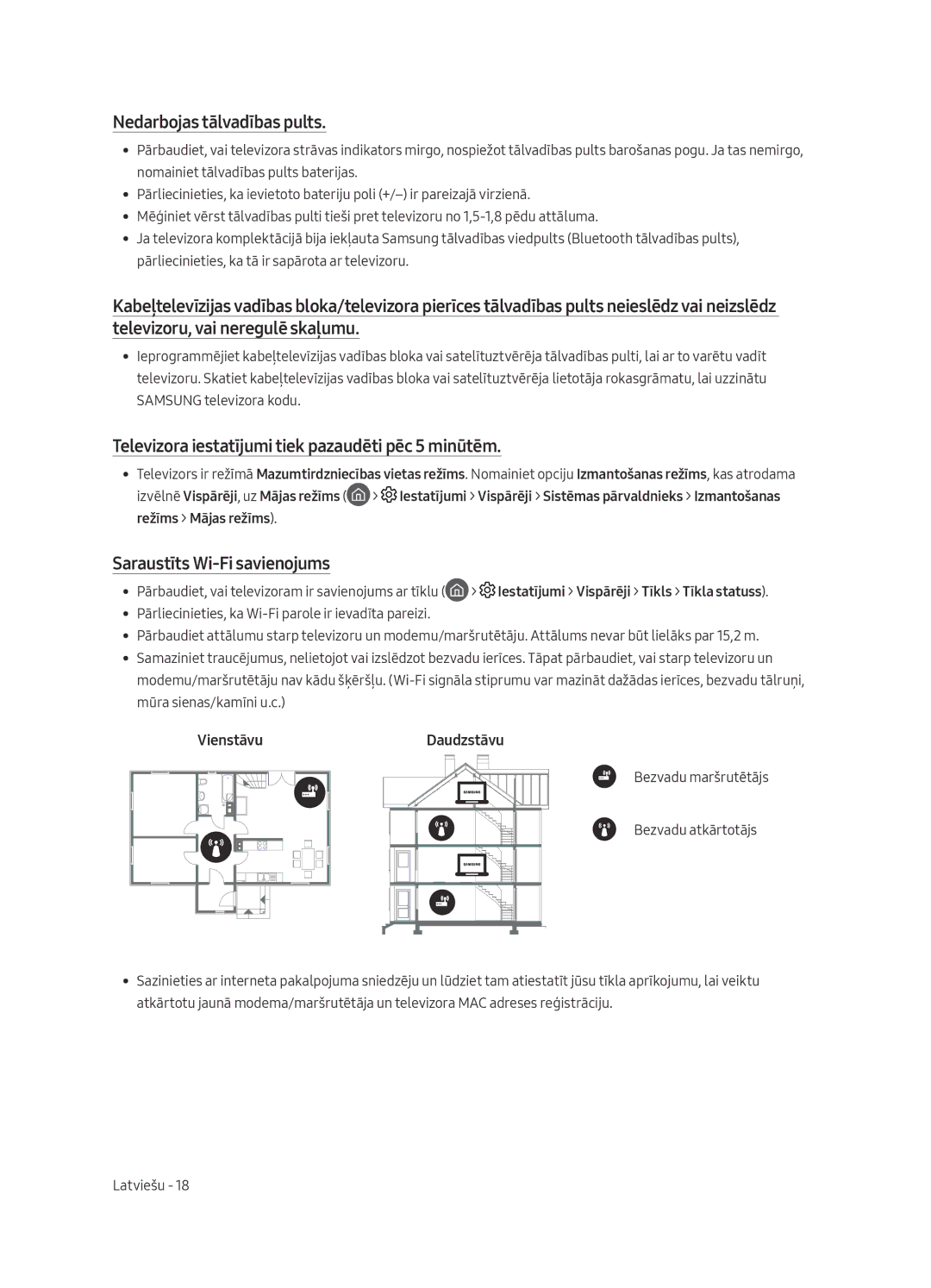 Samsung QE49Q7CAMTXXH, QE55Q7CAMTXXH manual Nedarbojas tālvadības pults, Televizora iestatījumi tiek pazaudēti pēc 5 minūtēm 