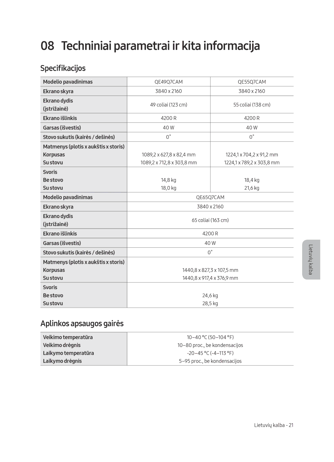 Samsung QE65Q7CAMTXZG, QE55Q7CAMTXXH Techniniai parametrai ir kita informacija, Specifikacijos, Aplinkos apsaugos gairės 