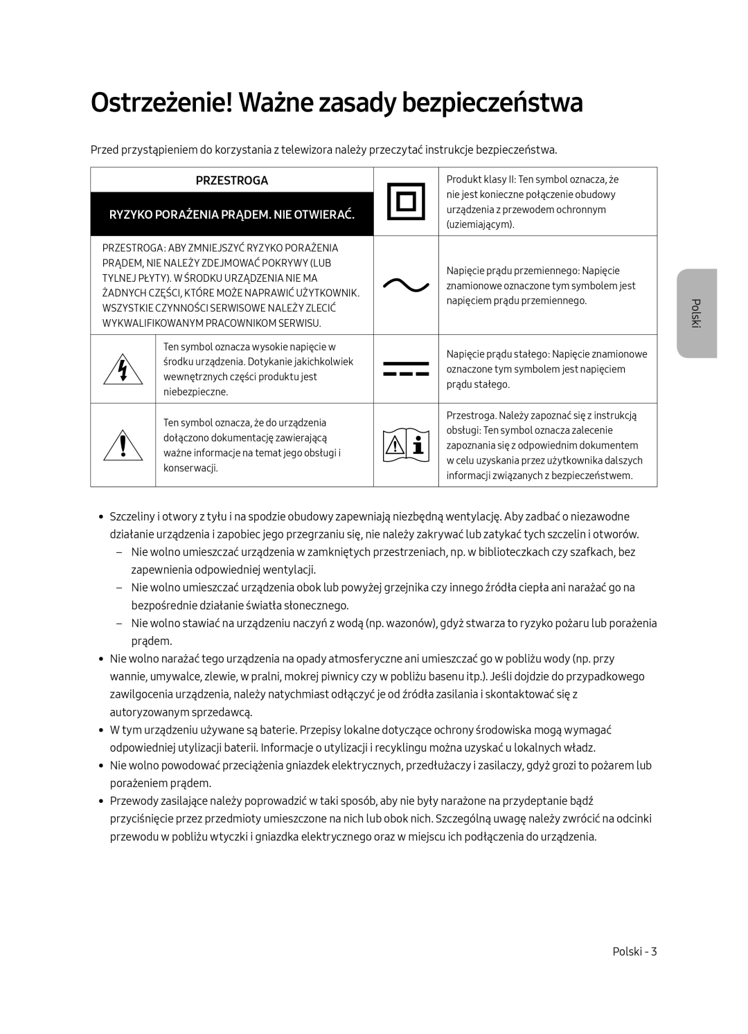 Samsung QE49Q7CAMTXZT, QE55Q7CAMTXXH, QE55Q7CAMTXZG, QE49Q7CAMTXZG manual Ostrzeżenie! Ważne zasady bezpieczeństwa, Przestroga 