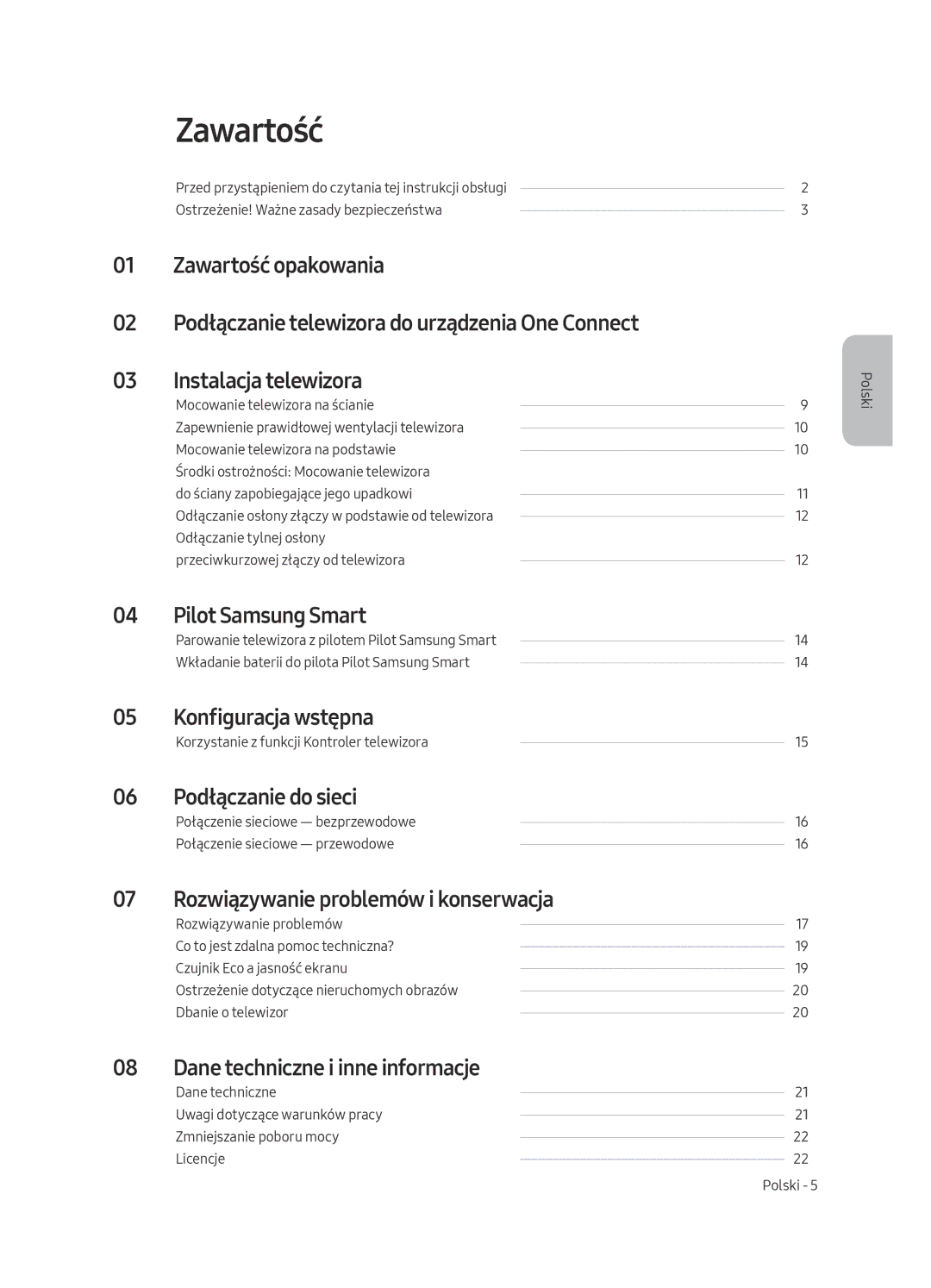 Samsung QE49Q7CAMTXXU, QE55Q7CAMTXXH manual Zawartość, Pilot Samsung Smart, Konfiguracja wstępna, Podłączanie do sieci 