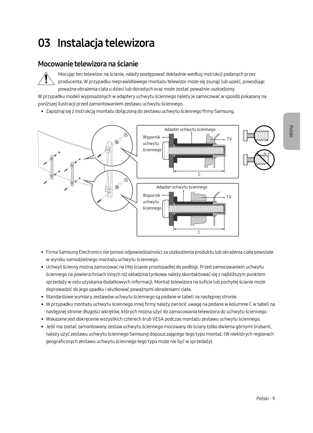 Samsung QE55Q7CAMTXZG, QE55Q7CAMTXXH, QE49Q7CAMTXZG, QE65Q7CAMTXXH Instalacja telewizora, Mocowanie telewizora na ścianie 