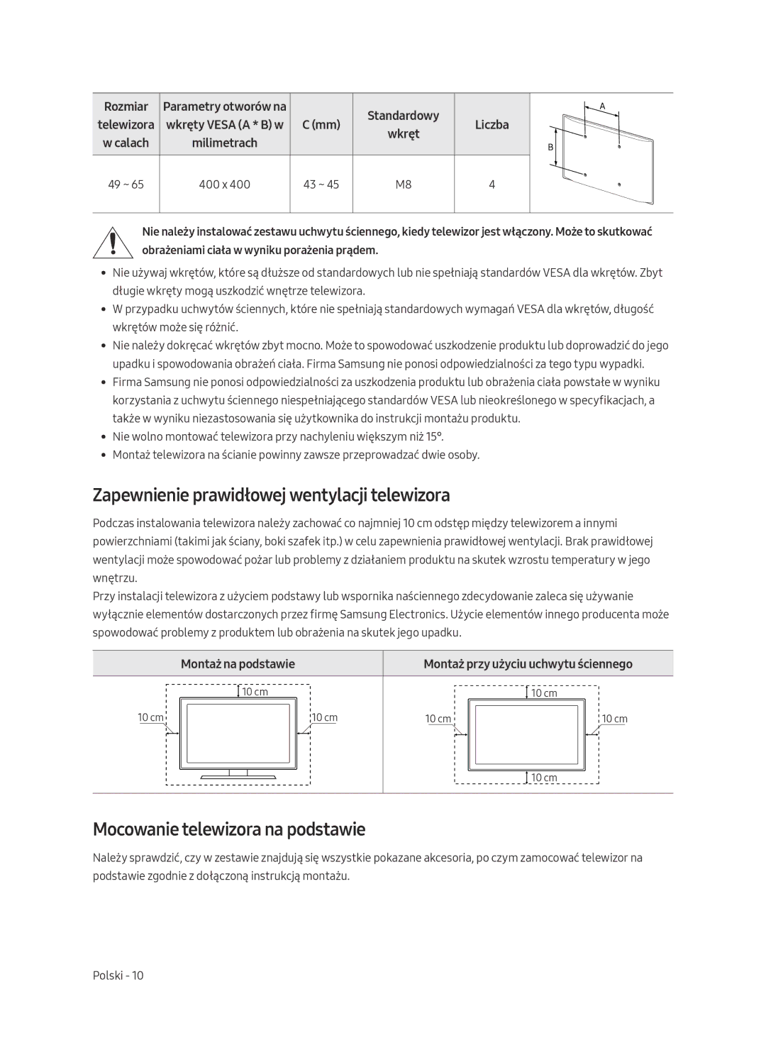 Samsung QE49Q7CAMTXZG, QE55Q7CAMTXXH manual Zapewnienie prawidłowej wentylacji telewizora, Mocowanie telewizora na podstawie 