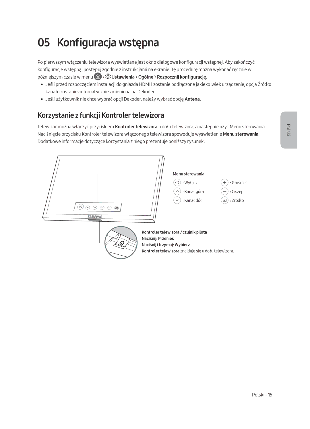 Samsung QE55Q7CAMTXZT, QE55Q7CAMTXXH, QE55Q7CAMTXZG manual Konfiguracja wstępna, Korzystanie z funkcji Kontroler telewizora 