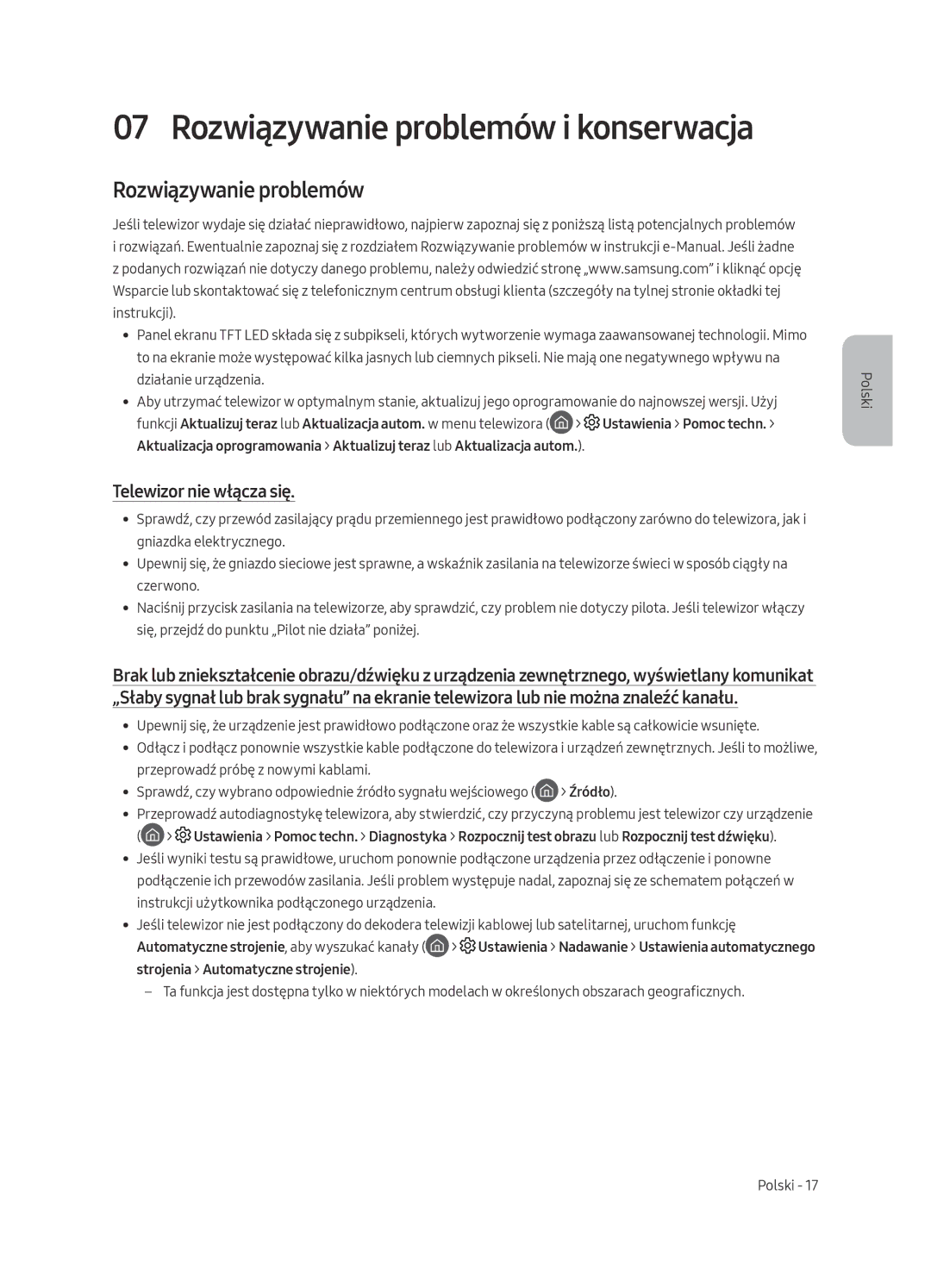 Samsung QE65Q7CAMTXZT, QE55Q7CAMTXXH, QE55Q7CAMTXZG, QE49Q7CAMTXZG manual Rozwiązywanie problemów, Telewizor nie włącza się 