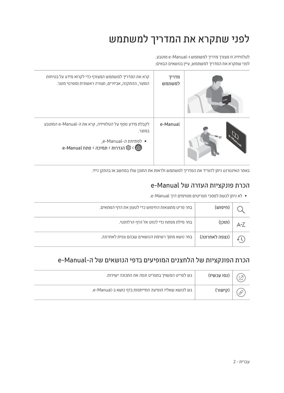 Samsung QE65Q7FAMTXSQ, QE55Q7FAMTXSQ, QE75Q7FAMTXSQ manual שמתשמל ךירדמה תא ארקתש ינפל, Manual לש הרזעה תויצקנופ תרכה 